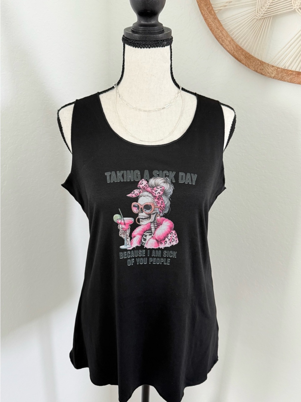 Black Graphic Tank Top with Pink Skeleton